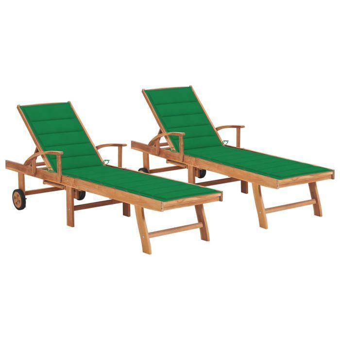 VidaXL Chaises longues 2 pcs avec coussin vert Bois de teck solide 3073191