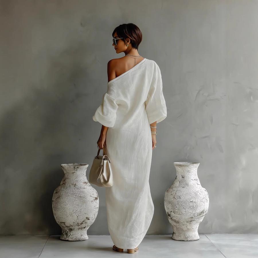 New Summer Fashion High-End Women's Long Sleeve Off-Shoulder Maxi Dress Mid-Waist Tucked-In Style
