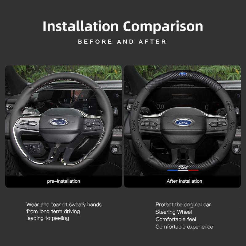 Carbon Fiber Leather Car Steering Wheel Cover For Ford ST Line Focus Mustang Fiesta Puma Ranger Kuga MK7 MAX F150 Mondeo Escape FE7
