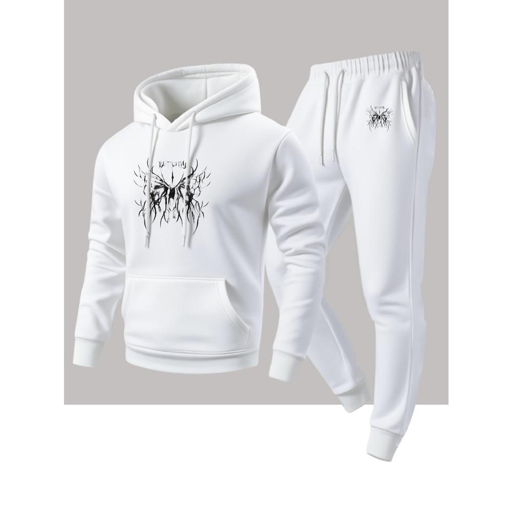 Dark Thorn Print Hooded Sweatshirt Set Drawstring Sweatpants Two Piece Set Loose Casual Sports Style Trendy Men's Clothing