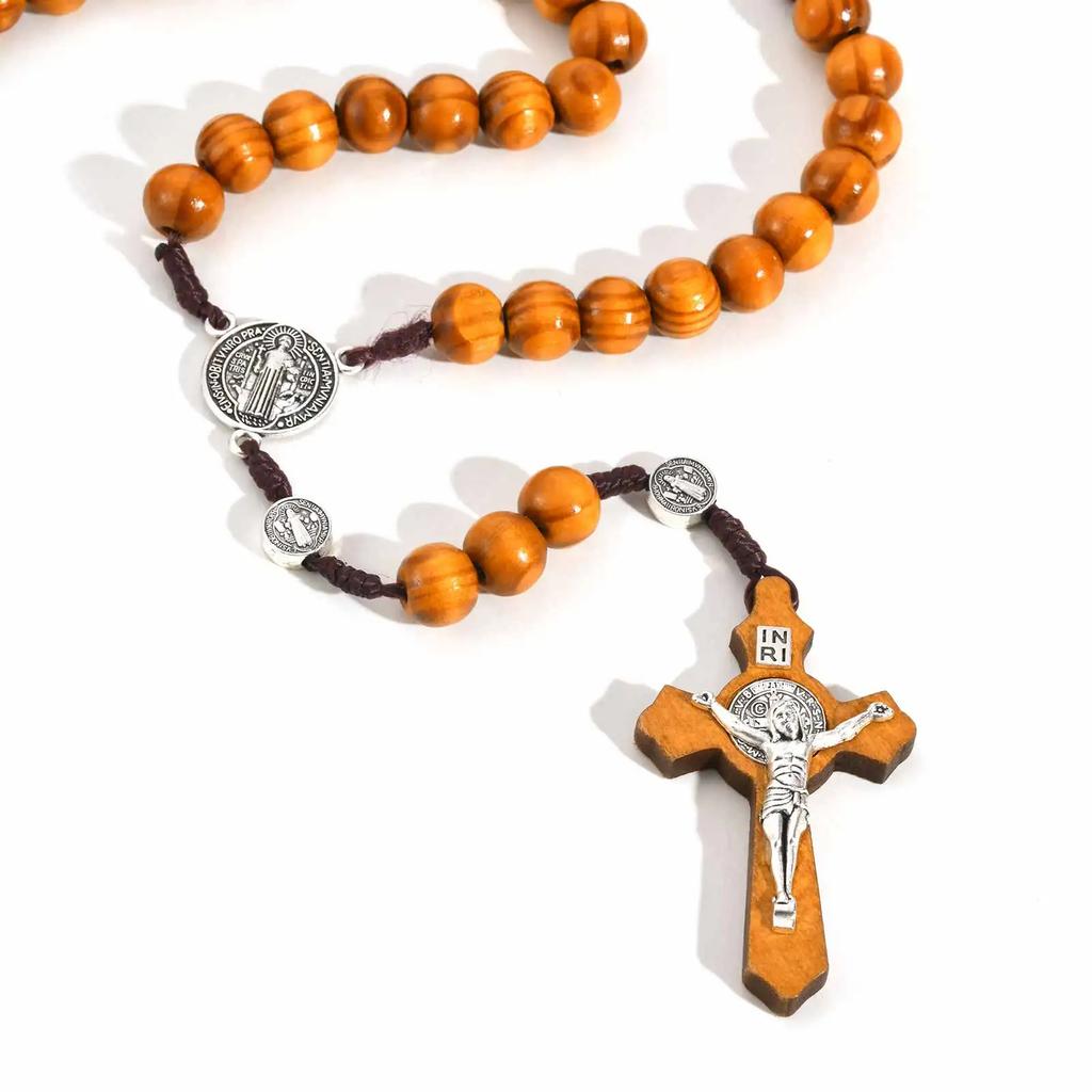 Vintage Klassischer Jesus Kreuz Anhänger Y-förmig Holz Gebetsperle Geflochtenes Seil Lange Halskette für Männer Trendiger Religiöser Schmuck Amulett
