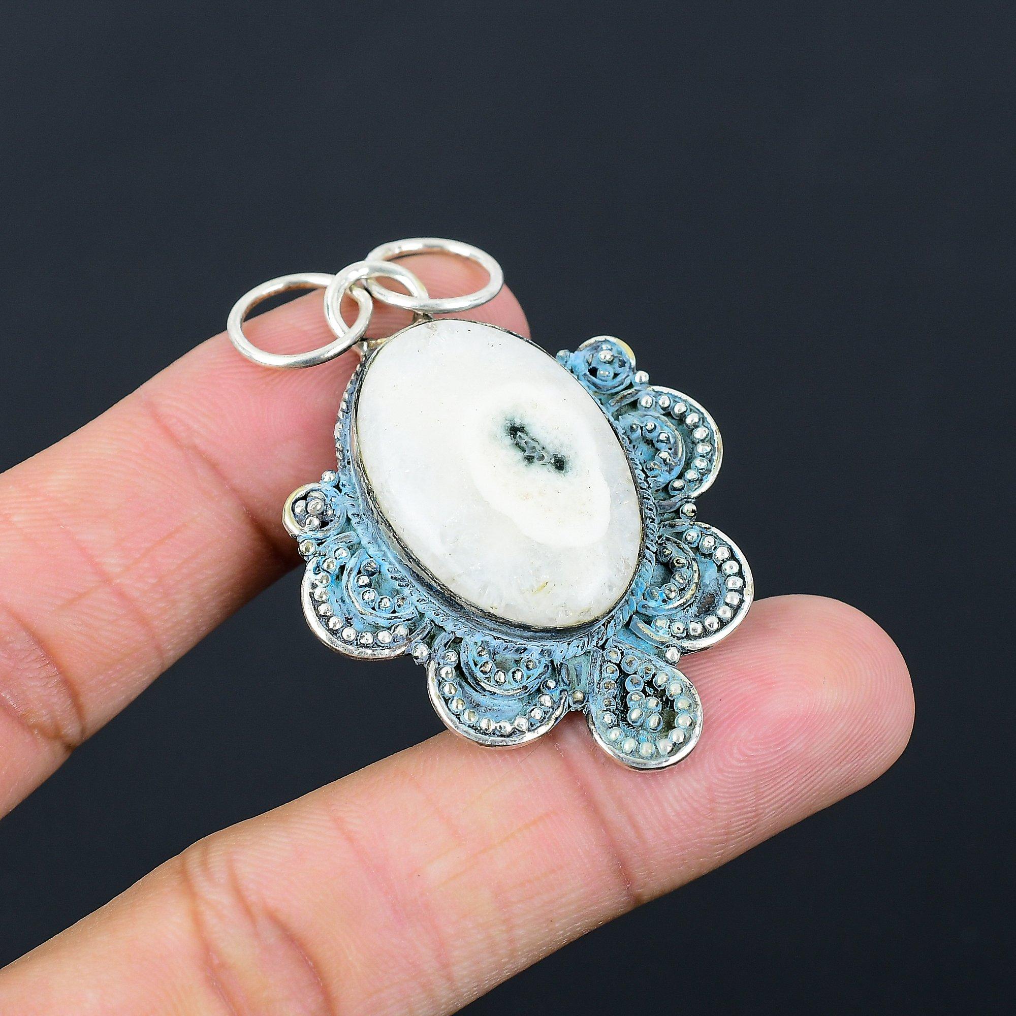 925 Silver Oval Solar Moss Opal Stone Wife Wedding Boho Birthday Pendant Jewelry