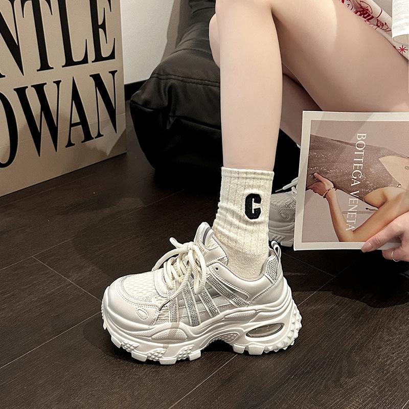 Fashion and comfortable versatile muffin shoes women's casual thick-soled heightening dad shoes summer new rhinestone mesh sneakers