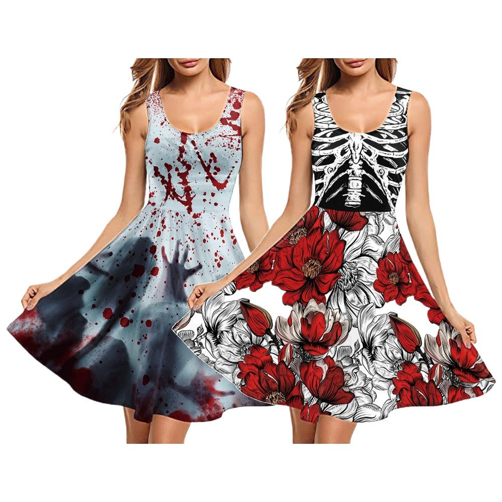 Women Ghost Haunted House Terror Bloodstained Skull Halloween Skinny Dress Adult Digital Printing Sleeveless Tank Party Costume
