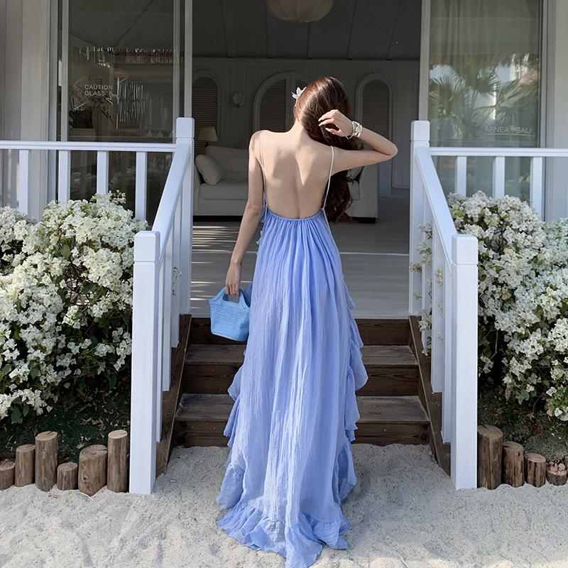 Seaside Vacation Dress Women's Summer New Celebrity Temperament Neck Halter, Blue Long Skirt