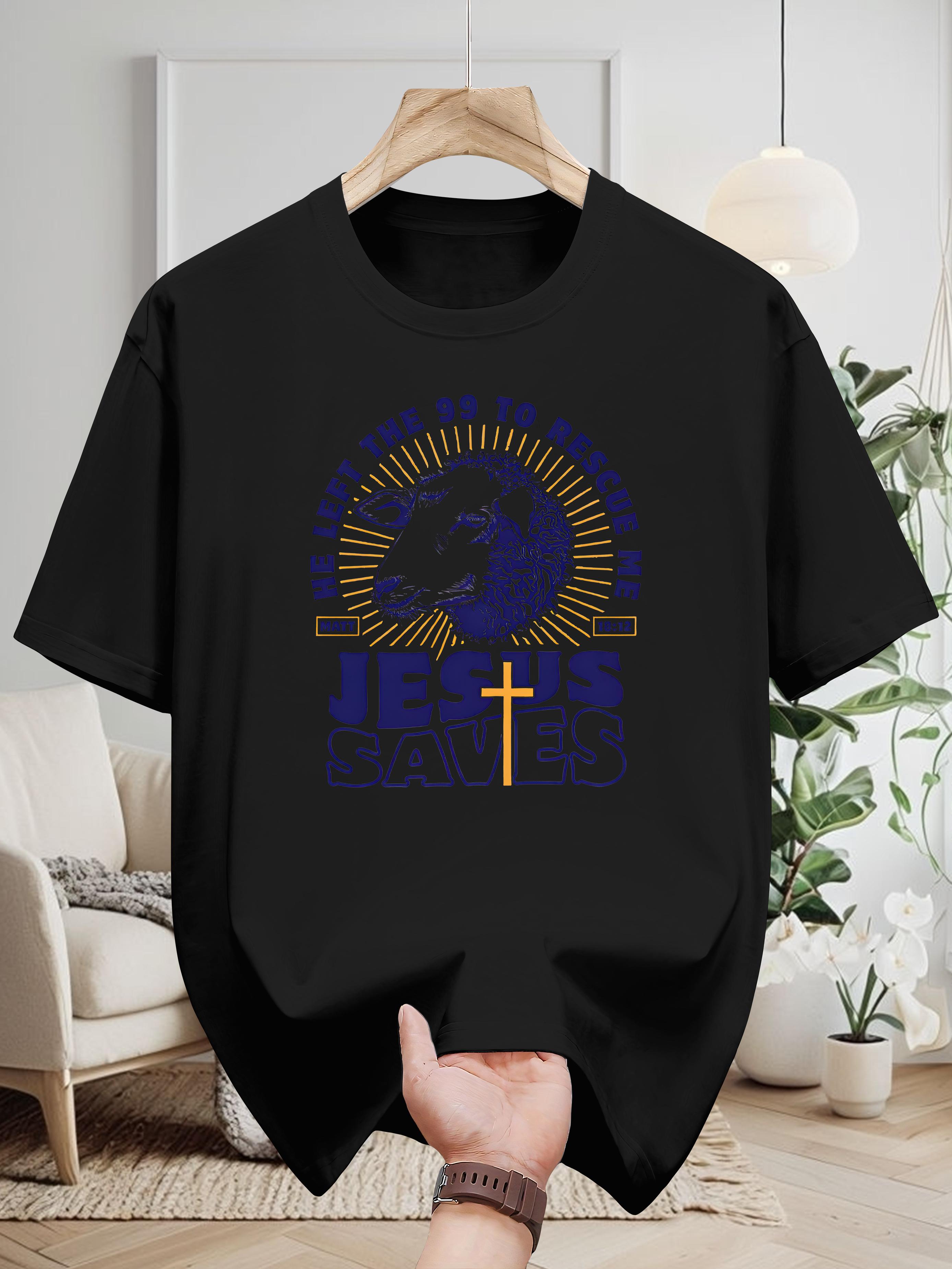 200g 100% Cotton Graphic T-shirt - White Casual Short Sleeve Tee with Let Us Rescue the 99 Jesus Saves Design S