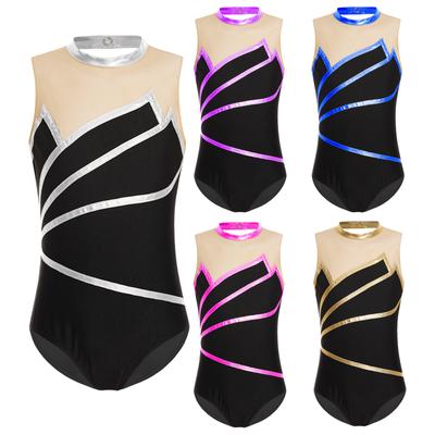 Kids Girls Dancewear Leotard: Metallic Striped Sleeveless Bodysuit with Sheer Mesh Patchwork Keyhole Back for Gymnastics Performance