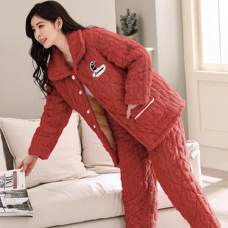 Thickened And Velvet Three-Layer Padded Pajamas Women'S Winter Coral Fleece New Large-Size Loungewear Simple And Casual