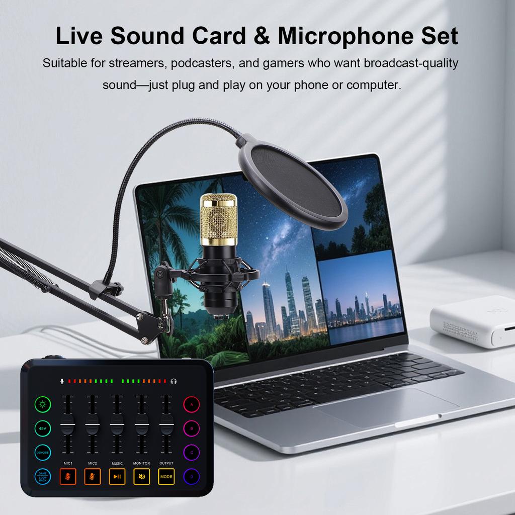 Podcast Equipment Bundle, Streaming Audio Interface Kit with Condenser Microphone, Noise Reduction, Live Sound Card