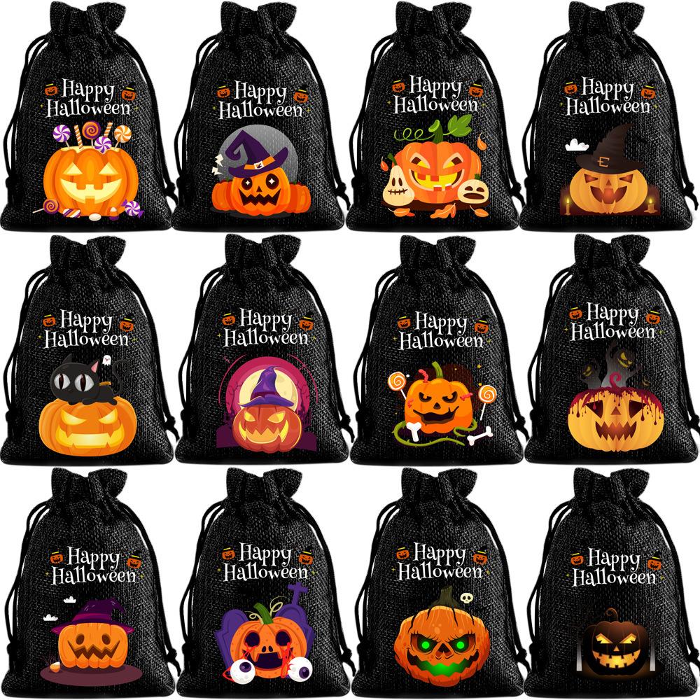 12pcs/sets Linen Halloween Gift Drawstrings Bag Black Orange Children's Candy Bag Pumpkin Burlap Bundle Drawstring Candy Bags