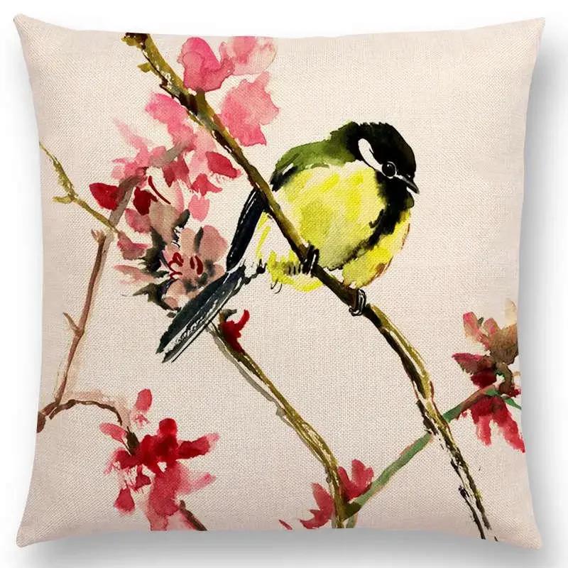 Watercolor Birds Series Cushion Cover Goldfinch Chickadee Cardinal Kingfisher Prints Pillow Case