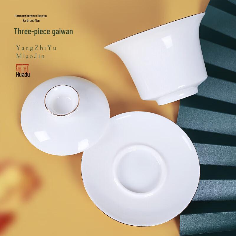 Chaxun Dehua Suet Jade Porcelain Gilded Gaiwan Tea Bowl