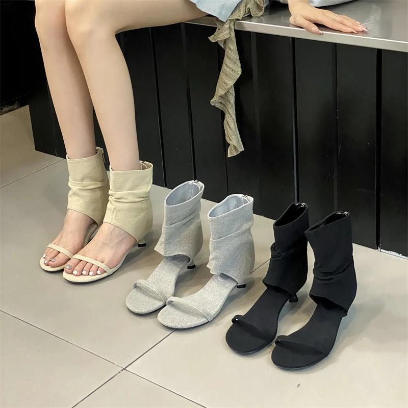 Eilyken Concise Open Toe Clip On Denim Women's Boots Pleated Low Thin Heels Roman Booties Sandal Zapatos De Mujer