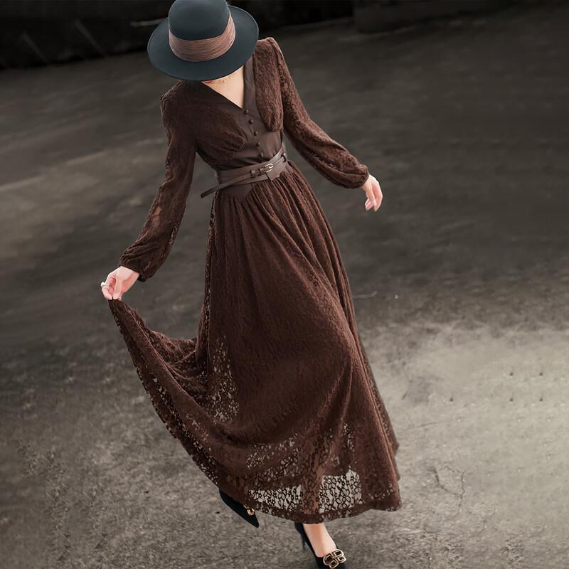 Lanser 2026 Frühling Französisches Retro-Spitzen-V-Ausschnitt-Langkleid