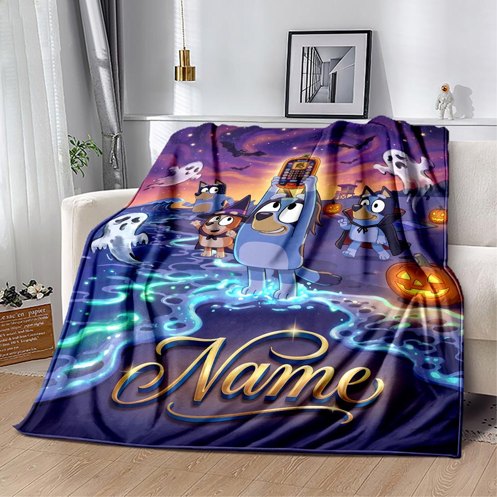 Bluey Halloween Night Personalized Name Blanket Lightweight Customizable Blanket Soft Warm Cozy Suitable for Livingroom Couch Chair Sofa