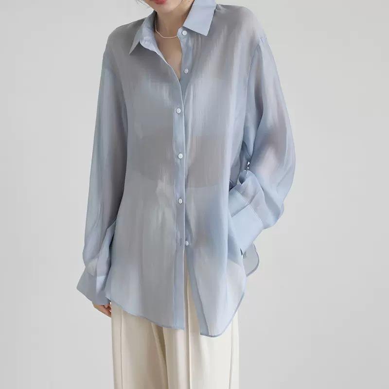 

Тонкая солнцезащитная рубашка из тенселя, рубашка, женская летняя свободная прозрачная прозрачная застежка на открытом воздухе, кондиционер, кардиган, шаль, блузка из ледяного шифона XL синий