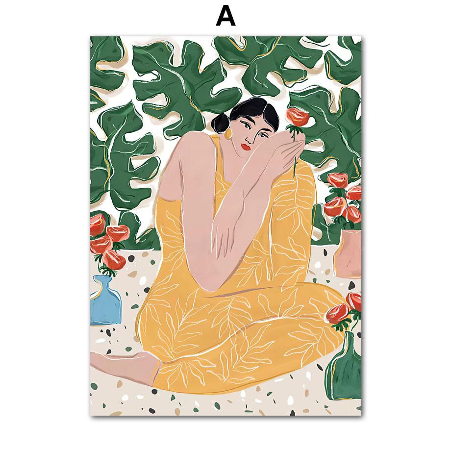 Abstract Boho Fashion Girl Posters Plant Leaves Fruit Flower Minimalist Wall Art Canvas Painting Wall Pictures Living Room Decor