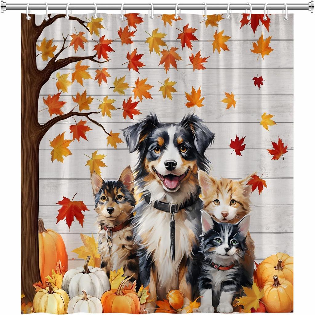 Autumn Maple Leaf Pumpkin Shower Curtain Dog Cat Fall Thanksgiving Day Harvest Festival Retro Farmhouse Wood Board Polyester