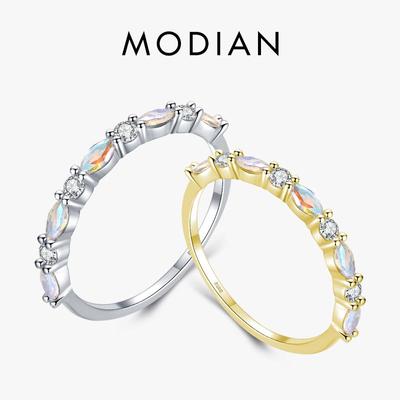 MODIAN 925 Sterling Silver Shiny Moonstone Stackable Rings Simple Charm Finger Ring for Women Female Fine Jewelry
