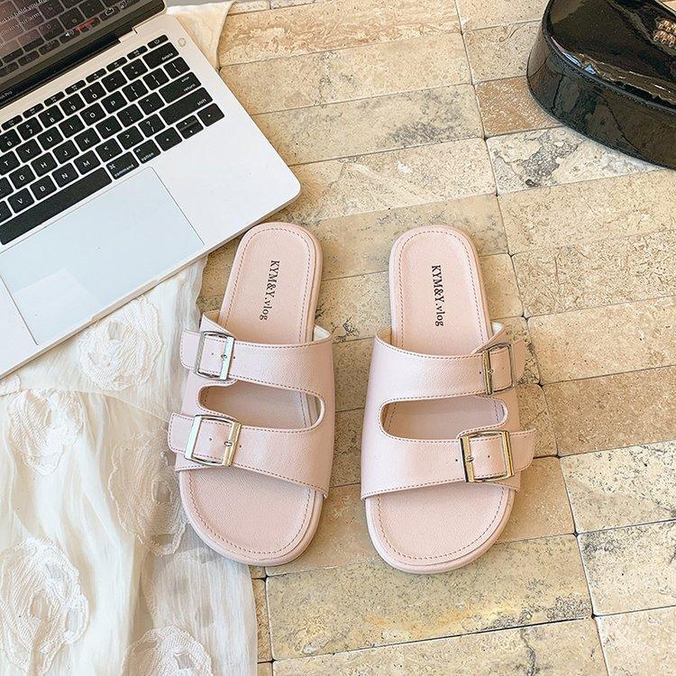 Temperament fairy style belt buckle open-toed square head slippers female summer wear French beautiful flat heel one word sandals sandals