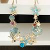 Exaggerated Women Necklace Ocean Theme Starfish Coral Shell Faux Pearl Rhinestone Decor Adjustable Length Lady Vacation Beach Neck Jewelry