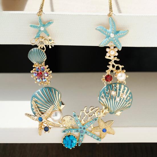 Exaggerated Women Necklace Ocean Theme Starfish Coral Shell Faux Pearl Rhinestone Decor Adjustable Length Lady Vacation Beach Neck Jewelry