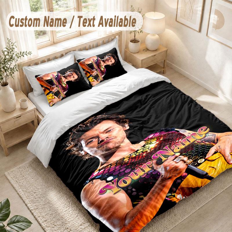 Custom Name Bedding Set 3 PiecesHarry Styles Print Duvet Cover + 2 Pillowcases Soft Bed Decor