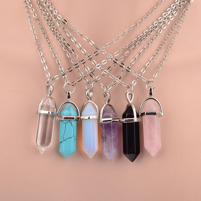

Sale Hexagonal Column Quartz Necklaces Pendants Vintage Natural Stone Bullet Crystal Necklace For Women Jewelry blue white срібний