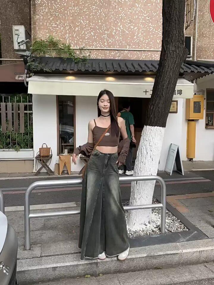 

2025 Американская Ретро Юбка А-силуэта из вываренного денима с высокой талией для женщин - Коллекция Petite Осень S: 75-90 lbs