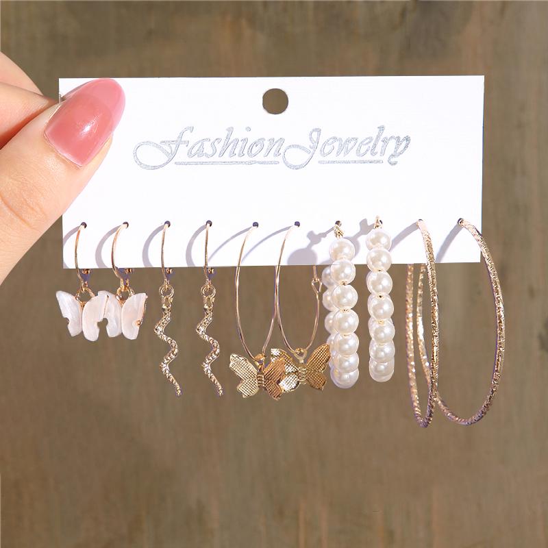 Silver Color Butterfly Earrings Set For Women Girls Vintage Pearl Circle Geometric Twist Hoop Earrings Trendy Jewelry Gifts