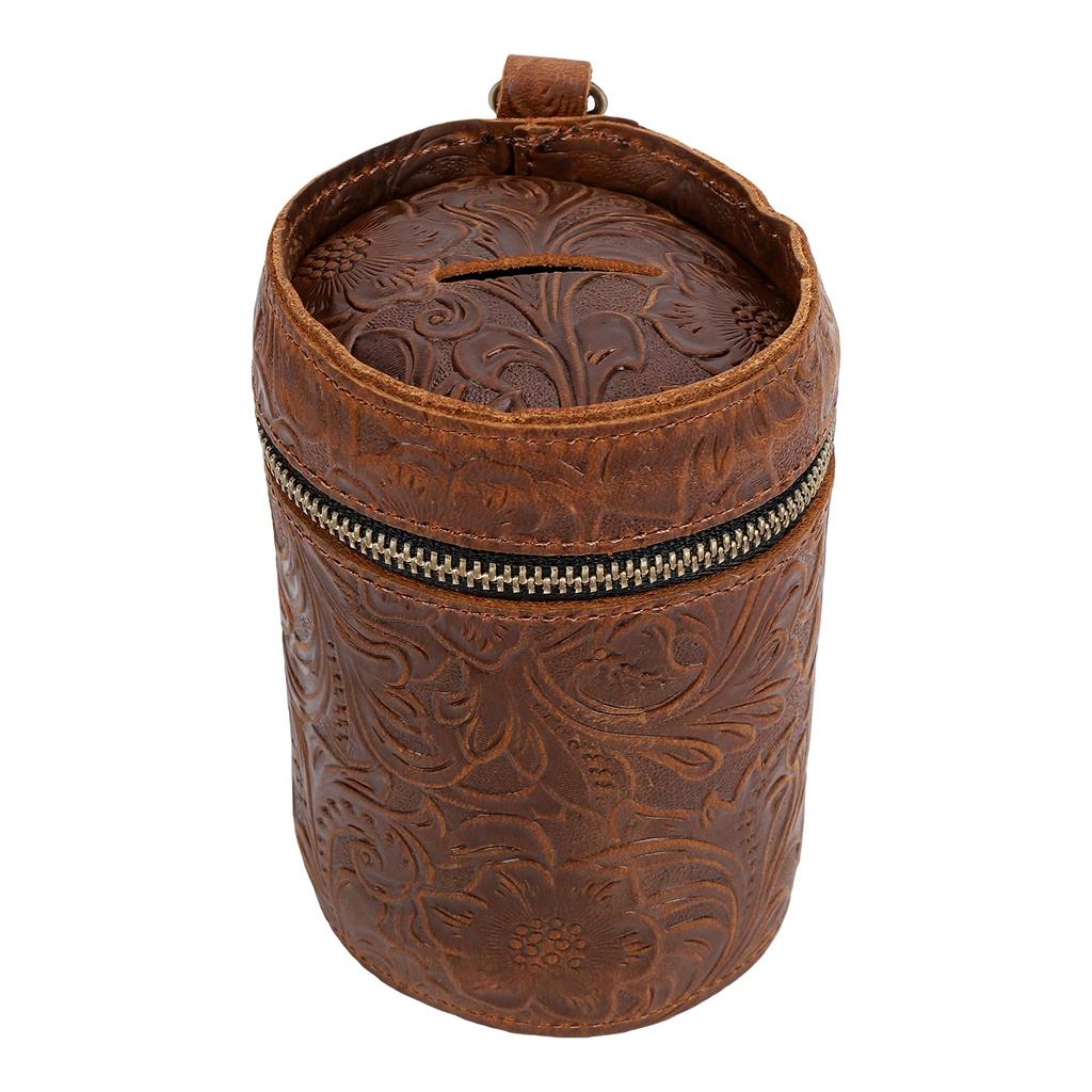 Bank Bucket Retro Carved Pattern Cylinder Portable Leather Zippered Bank