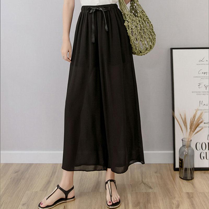 

Летние однотонные свободные широкие длинные брюки для женщин, эластичные длинные брюки с высокой талией и оборками, повседневные дышащие легкие мягкие удобные брюки плюс 8XL чёрный