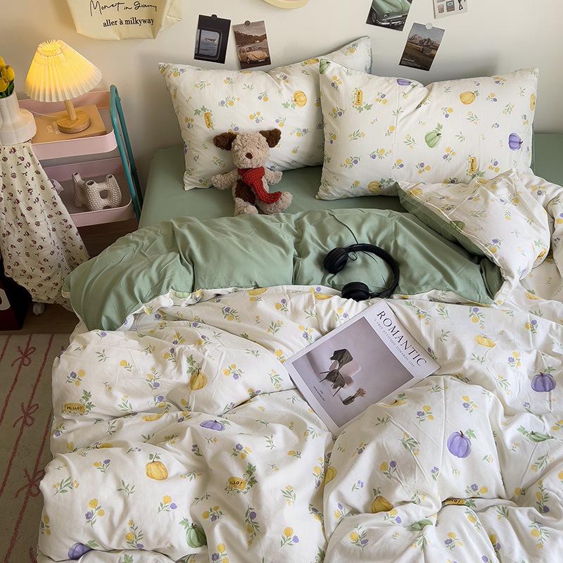 

4Pcs Cartoon Printed Washed Cotton Bedding Sets Nude Sleeping Duvet Cover Comfort Set Skin Friendly Breathable Quilt Sets 1.2m 3pcs set