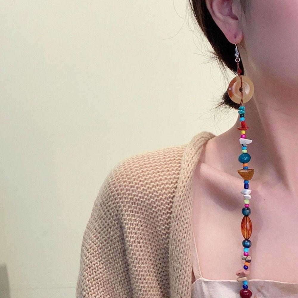 Ping'an Buckle Beads Tassel Earrings Minority Design Round Stone Earrings  Wedding
