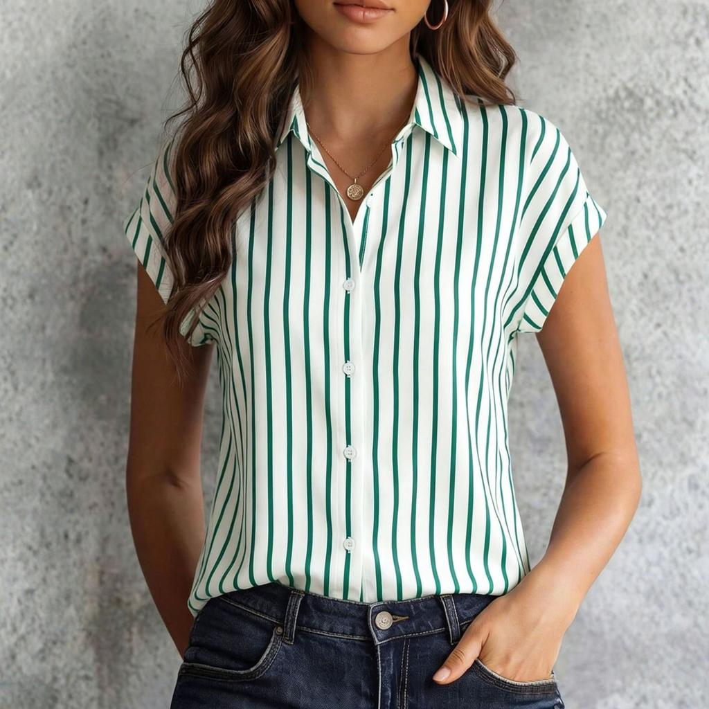 Womens Spring Tops Summer Shirts for Women Button Down Blouse Short Sleeve Striped Womens Summer Tops Dressy Casual