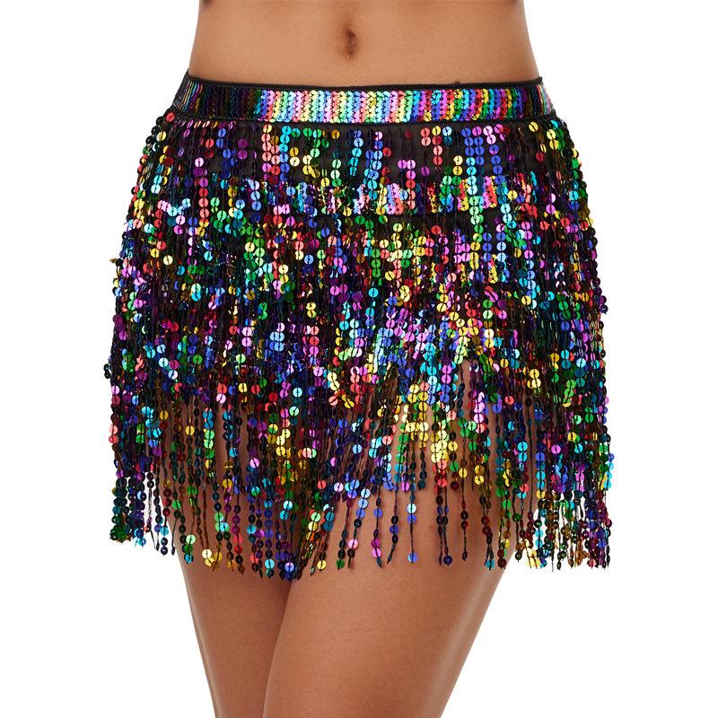 Bohemian Sequin Hip Scarf: Four-layer Tassel Waist Chain Belly Dance Costume for Women. Perfect for Halloween Performances.