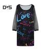 Fall Spring Women Dress Shiny Sequin See Through Mesh Patchwork A Line Crew Neck Plus Size Loose Long Sleeve Letter Print Above Knee Length Mini Dress