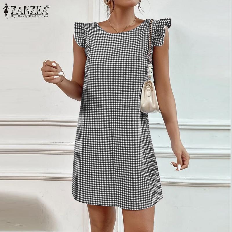 

ZANZEA Женское повседневное летнее платье без рукавов с круглым вырезом и клетчатым принтом