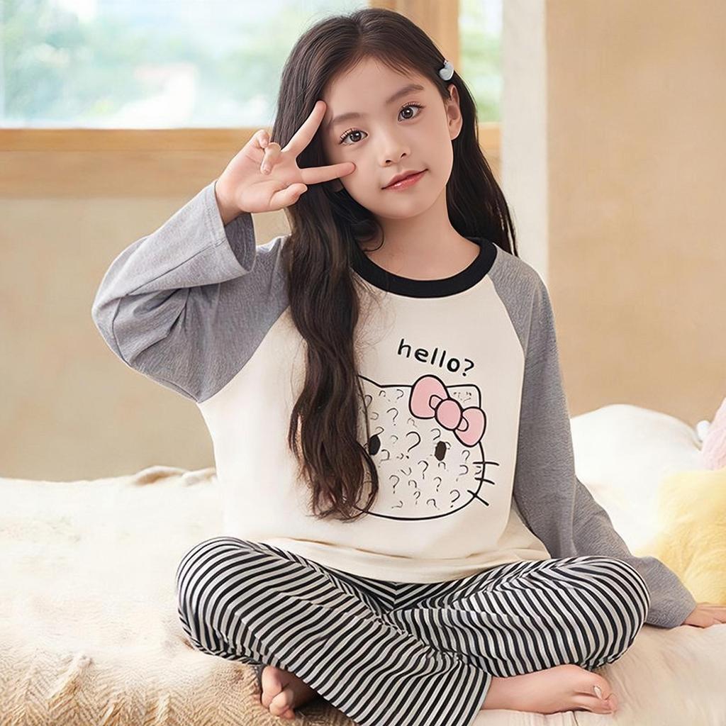 2026 Girls’ & Women's Spring Cartoon Pajama Set - Round Neck, Long Sleeve, Cute Homewear