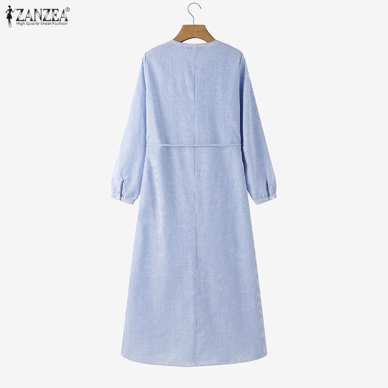 ZANZEA Women Casual Round Neck Loose Long Sleeve Stripe Dress