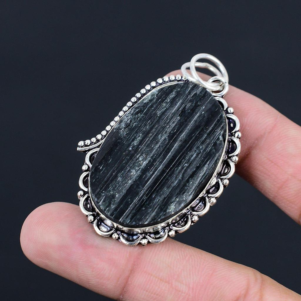 Natural Black Tourmaline Rough Gemstone Pendant 925 Sterling Silver For Women