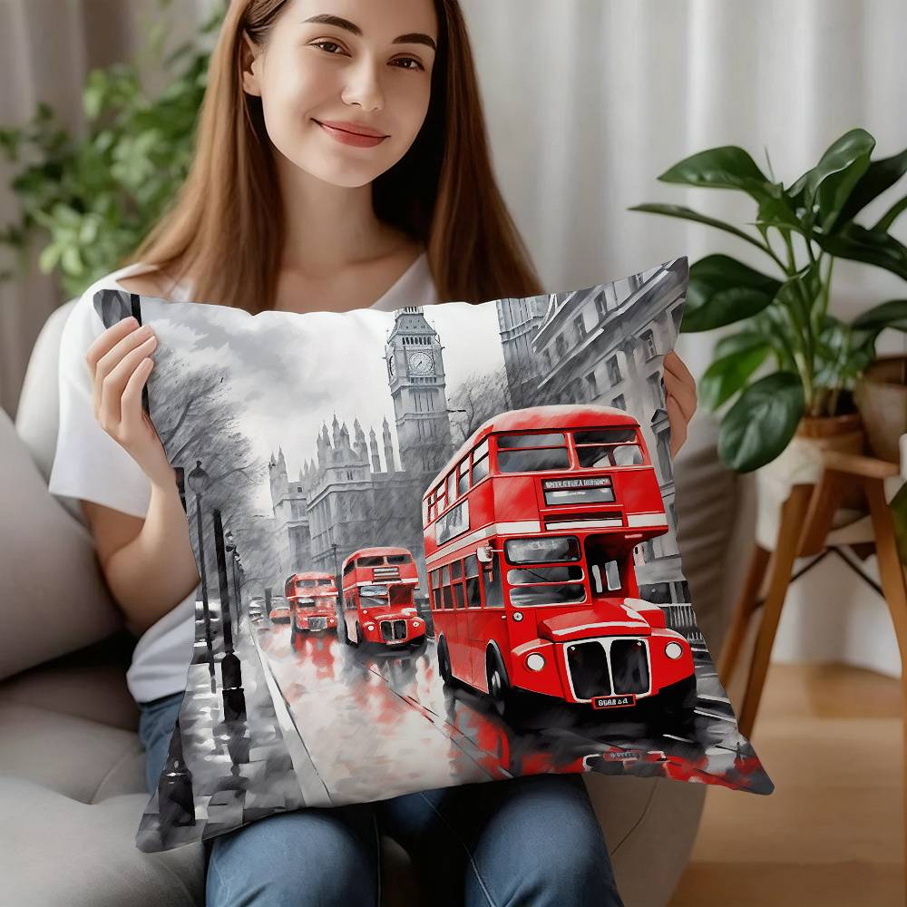 

London Red Bus Print Pillow Case Short Plush Double-sided Print Square Throw Pillow Covers Sofa Home Cushion Decor 12x12Inch