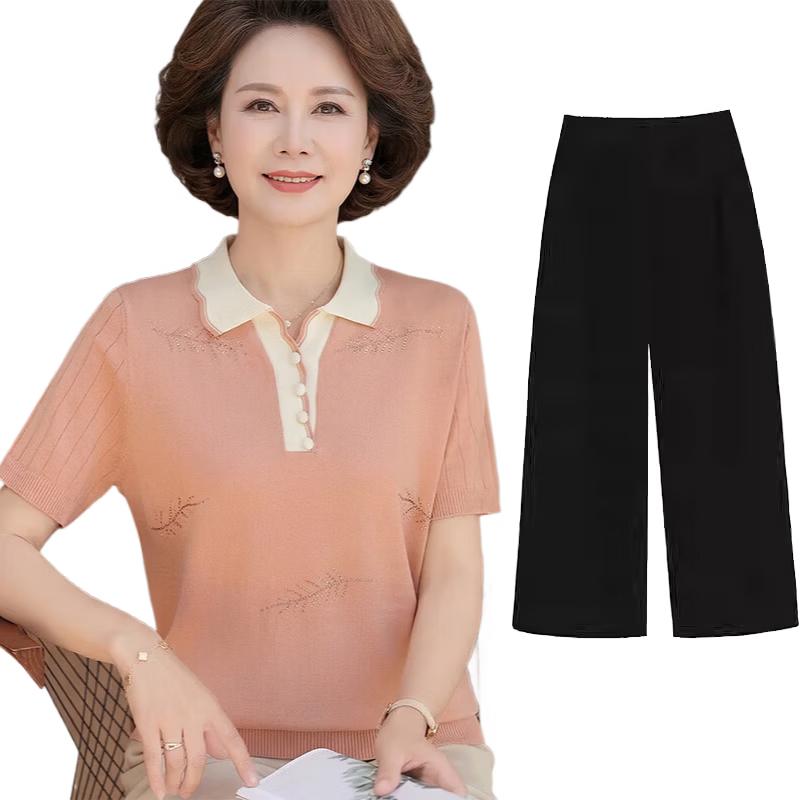 AEMAPE Women s Ice Silk Polo T-Shirt  Wide-Leg Pants Set 2XL