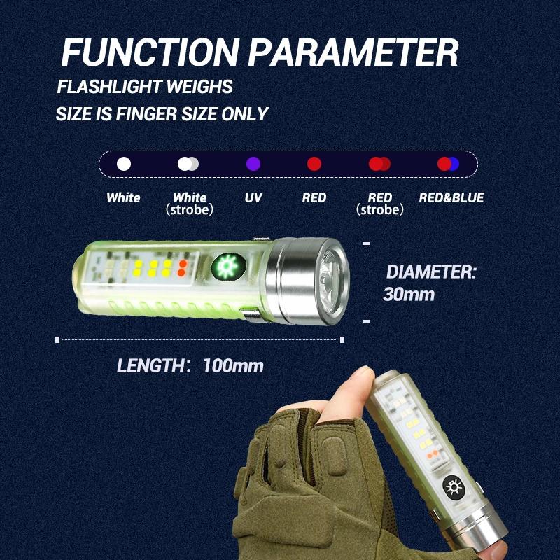 Multifunction Portable Powerful Spotlight Long Range Flashlight Type-C Keychain LED Lamp With Magnet Camping Uv Light Mini Torch