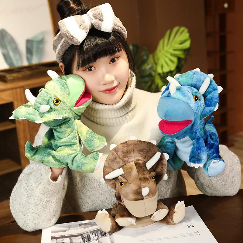 25cm Dinosaur Plush Puppet Triceratops Cartoon Animal Plushie Small Three Colors Prop Tell Story Interactive Gift