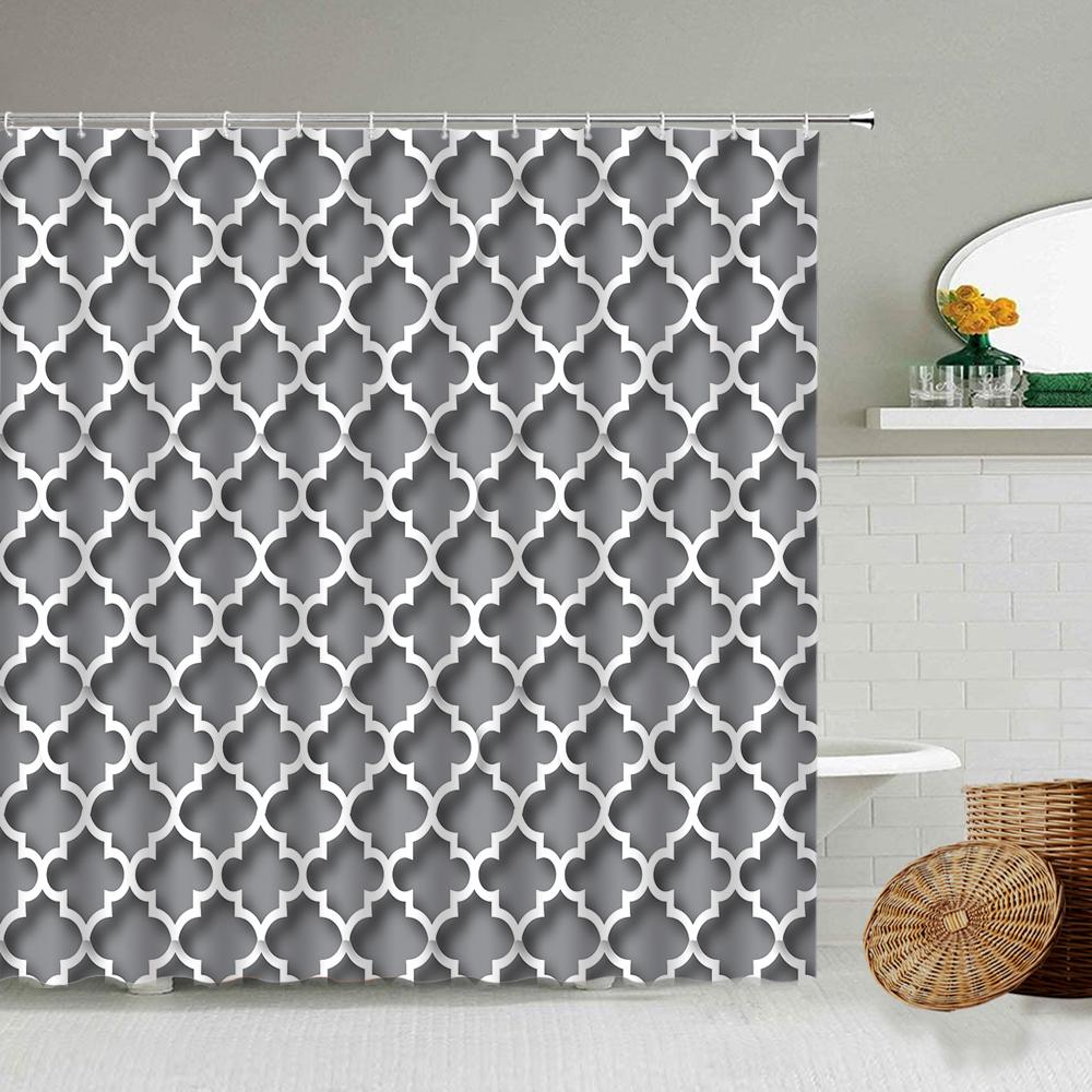 Black and White Checkered Wave Stripe Geometric Shower Curtain Bathroom Waterproof Polyester Curtain with Hook Home Decor