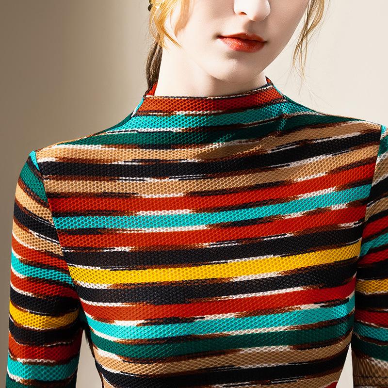 Half Turtleneck Base Shirt for Women New Women's Contrasting Striped Mid-sleeved T-shirt Stretch-waisted Mesh Top