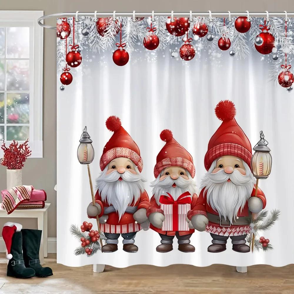 GAEChristmas Theme Shower Curtain Winter Snow Christmas Tree Deer Rustic Wooden Panel Fabric Washable Shower Curtain Bathroom