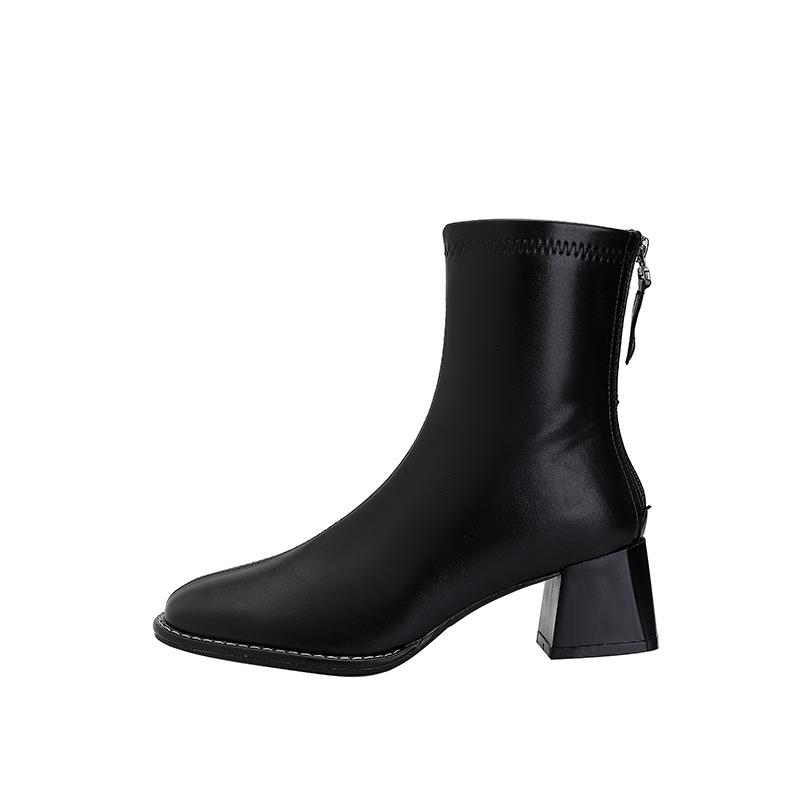 Schmale Damenstiefel mit dicker Sohle und vielseitigem quadratischem Zehenbereich für den Weg zur Arbeit und Reißverschluss hinten, Kurzstiefel für Damen