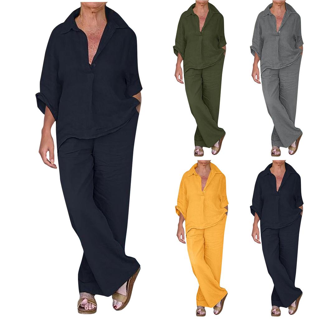 Women's 2 Piece Cotton Linen Suit Summer Formal Business Work Suit Streetwear Button Down Top And Pants Set